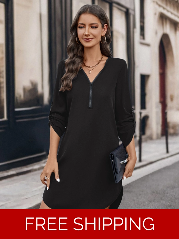 Half Zip Roll-Tab Sleeve Dress